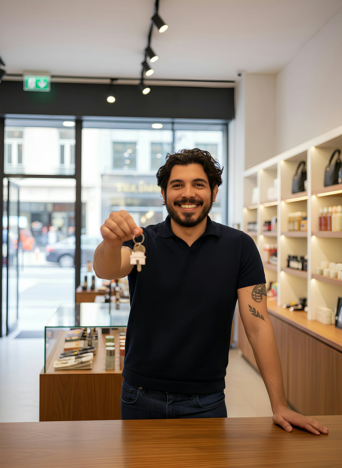 Dono de loja sorrindo atrás do balcão segurando as chaves
